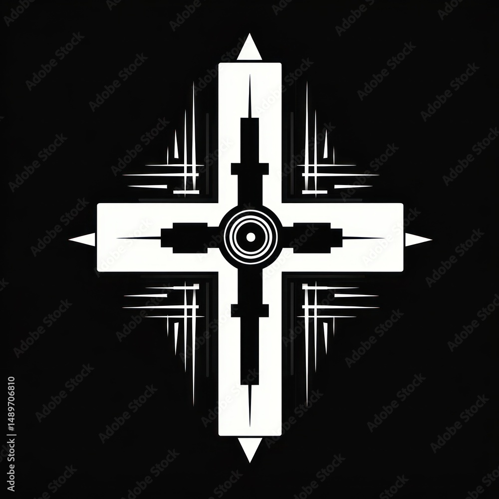 Poster abstract symmetrical black and white geometric cross shape with radial and linear elements on a blac