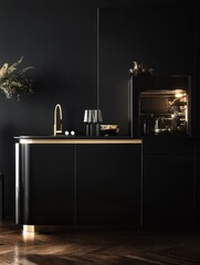 The luxury kitchen features a black minimalist design with gold accents
