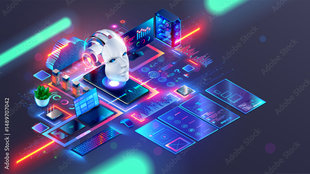 Fototapete AI generates code of programs, web pages. Chatbot with AI for programming, web design creates website templates, program interfaces. Robot head above phone, laptop, tablet with program text, icons.