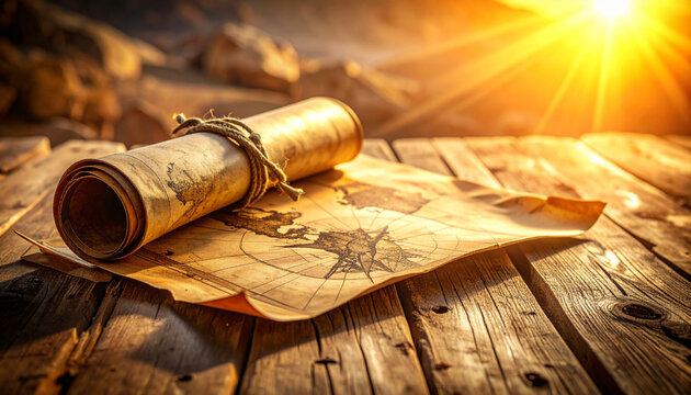 Antique Treasure Map Rolled Parchment on Wooden Surface, Sunlit Setting