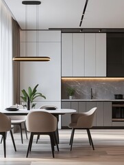 A modern interior showcases kitchen design with elegant furniture