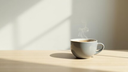 Aromatic Steam Rising from a Grey Mug of Hot Beverage on a Light Wooden Table in Soft Sunlight