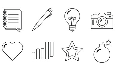 Creative-icons-notebook-pen-lightbulb-camera-heart-graph-star-bomb-Flat-design-business-and-education.Collection of Simple Line Icons Representing Creativity, Communication, and Productivity