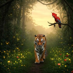 A tiger and cockatoo share a jungle path, glowing flowers lining the way beneath a golden morning sky.
