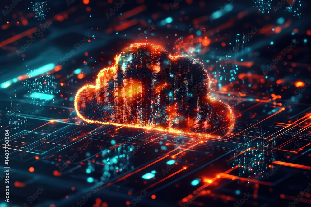 Aufkleber cloud computing technology abstract. a glowing cloud graphic sits atop a complex circuit board