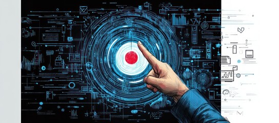 Hand pointing at a red target center on a futuristic digital interface with blue circular data visualizations and various icons on a dark background