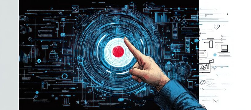 Hand pointing at a red target center on a futuristic digital interface with blue circular data visualizations and various icons on a dark background