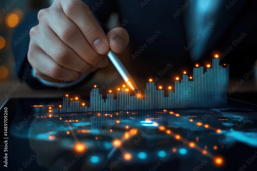 Poster hand holding stylus interacting with digital graph and data points on illuminated tablet screen in d