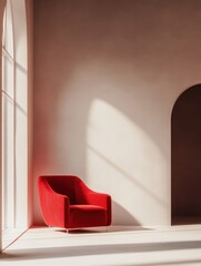 An empty red chair rests against a sunlit wall in a room