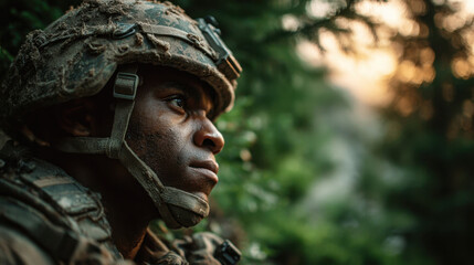 Fototapeta premium Muddy Soldier in Forest Contemplating During Combat