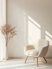 A minimalist image of a chair and floral arrangement