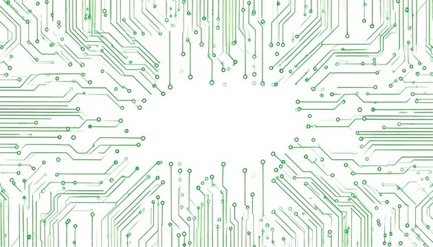 Intricate green circuit board design on white background.