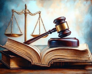 A judge's wooden gavel resting on an open thick book with a set of brass scales of justice in the background symbolizing law and legal authority