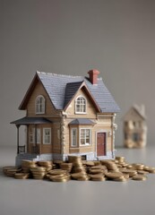 Miniature house and coins illustrate home loan , rent, property market, financial