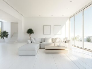 Modern white living room showcases minimal furniture and natural light