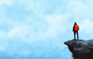 Person Standing on Cliff Edge with Backpack Against Blue Sky