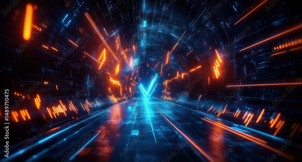Poster futuristic digital tunnel with glowing blue and orange lights creating a dynamic high-tech pathway