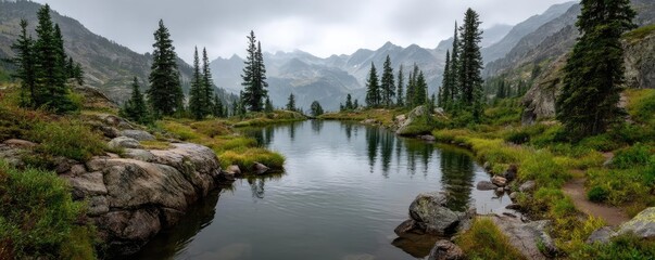 Scenic view of lake in pine forest with cloudy summer sky concept. Serene mountain landscape with calm waters and lush vegetation.
