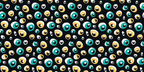 Seamless pattern with small hand drawn eyes. Repeating texture, abstract graphic design surface in retro style with random eyeballs on black background. Vector illustration.