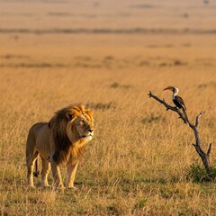 A lion and hornbill gaze across golden grassland, warm breeze lifting petals, dust, and colors across endless savannah.