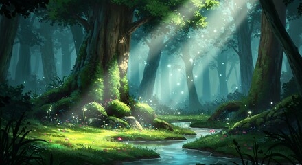 Obraz premium Enchanted Forest Stream with Sunbeams and Wildflowers, Fantasy L