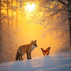 A fox and butterfly stand on snowy hill, sunrise pouring golden fire across frosted trees and glowing morning mist.