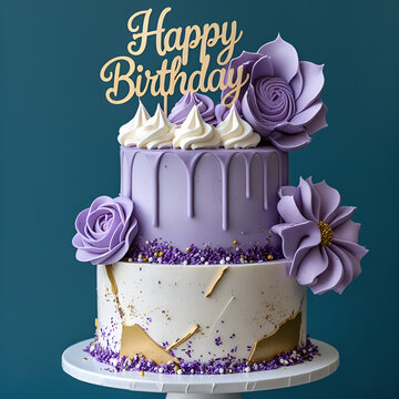 Birthday cake with Flowers Purple Theme Purple Passion Drizzle Birthday Cake &ndash; Elegant Two-Tier Lavender and Gold Celebration Cake