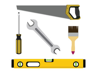 Set of construction tools including saw, screwdriver, wrench, paintbrush, and level