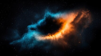Obraz premium Vivid cosmic nebula with swirling blue and orange clouds enveloping a dark central void, set against a star-speckled deep space background, evoking mystery and grandeur
