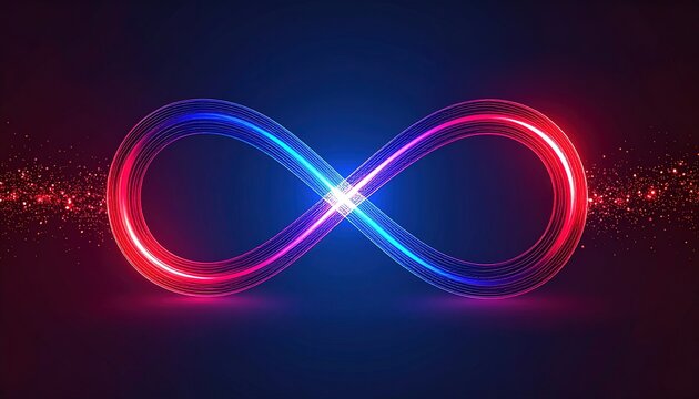 Neon infinity symbol against a dark background. - Powered by Adobe