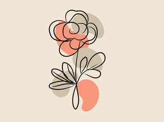 Abstract Line Art Flower with Coral and Beige Shapes