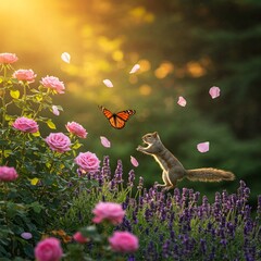 A butterfly and squirrel dance through garden, petals swirling around them in gentle wind beneath golden morning skies.