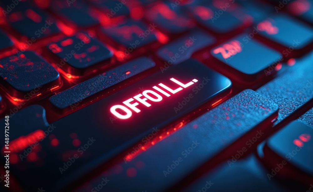 Poster close-up of a computer keyboard key illuminated in red light with the word 'offoill' glowing promine
