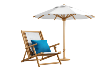 Wooden beach chair with white fabric and blue cushion, standing next to an umbrella on wooden sticks, isolated against a transparent background