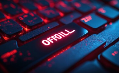 Close-up of a computer keyboard key illuminated in red light with the word 'OFFOILL' glowing prominently, surrounded by other keys under moody lighting