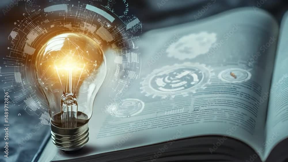 Poster knowledge illuminated: an open book glows with a lightbulb illuminating the pages, highlighting the 