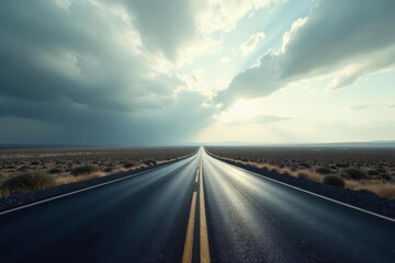 Naklejka premium Asphalt Ribbon Unfurls Toward a Serene, Sun-Drenched Horizon Under a Dramatic Sky