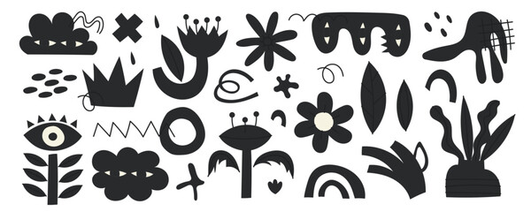 Obraz premium Set of silhouettes minimalistic bizarre abstract geometric unusual shapes and forms in matisse art style, Hand drawn monochrome primitive, Big vector doodle objects and graphic elements, fruits