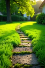 Obraz premium Serene Garden Path Lush Green Grass Borders a Stone Walkway in Soft Sunlight