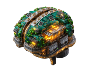A human brain made of circuit boards and LED lights, symbolizing the integration of technology into mental health care, isolated on a transparent background