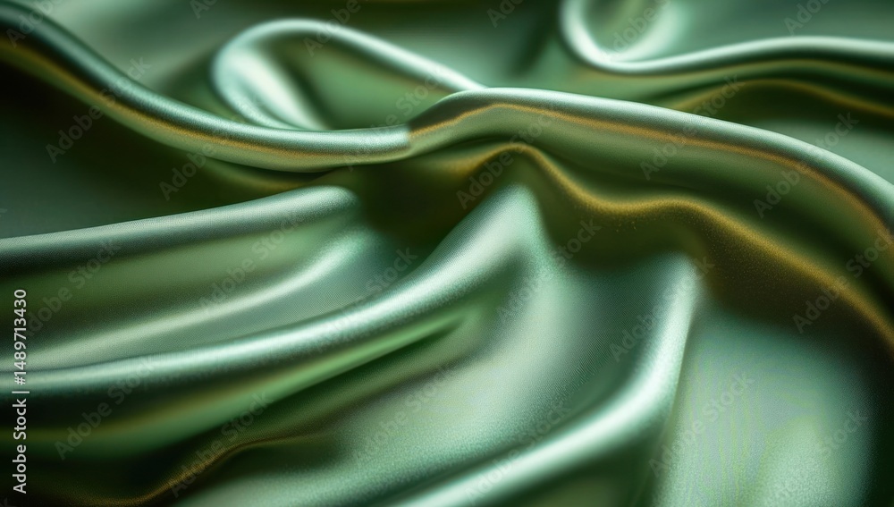 Poster close-up of smooth, shiny, green silk fabric with soft folds and gentle reflections creating a luxur