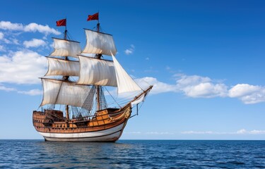 Classic Tall Ship Sails on Calm Ocean Under Bright Blue Sky