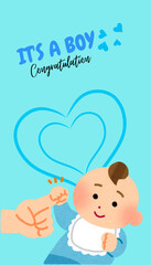 It's a boy, Baby shower greeting card with blue background. New born baby boy Happy Birthday.  (  original illustration, not generated AI  ).