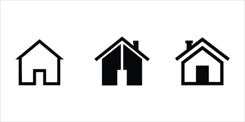 Set of Minimalistic Black and White House Vector Icons with Door and Chimney Variations