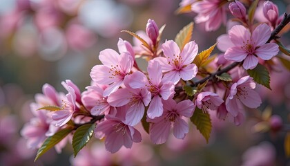 Fototapeta premium Delicate pink blossoms bloom softly on leafy branches, highlighting nature's beauty and elegance. This botanical image catches detailed features