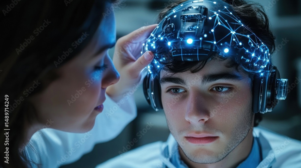 Poster young man wearing a futuristic neural interface headset with glowing blue lights while a scientist a