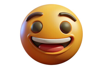 Fototapeta premium PNG Smiling 3d emoji with open mouth and raised eyebrows on white background