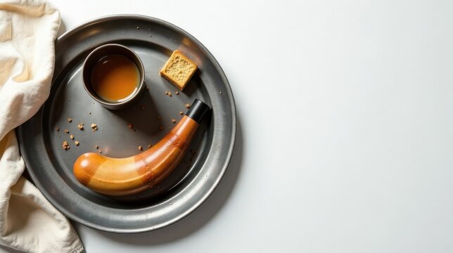 A rustic still life featuring a wooden flask, a small cup of amber liquid, and a piece of crispbread on a weathered metal tray, accompanied by a linen cloth - Powered by Adobe