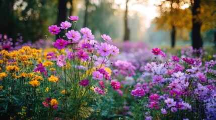 Obraz premium Blooming flowers in meadow with mystical nature and dreamlike gardens concept. Vibrant flowers blooming in a serene garden during golden hour.