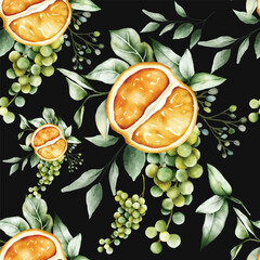 Watercolor Fruit Arrangement with floral seamless pattern